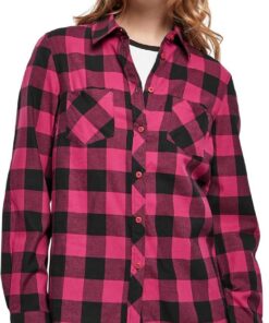 Urban Classics Camisa a Cuadros Mujer Turnup Mujer Camisa de Franela Negro/Rojo Regular