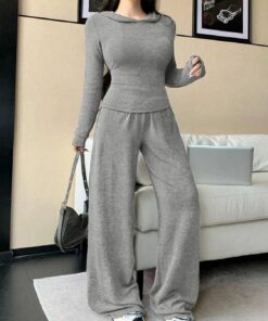 Conjunto de ropa de descanso para mujer, sudadera casual de manga larga con capucha y pantalones de pierna ancha de cintura alta para otoño e invierno