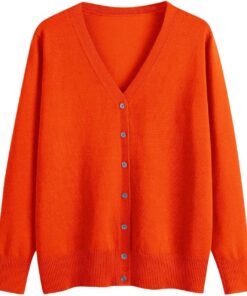 HUIFUAO - Cárdigans para mujer, talla grande, cuello en V, punto con botones, suéteres ligeros de manga larga para otoño e invierno, naranja, L