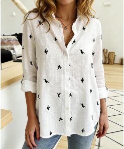 Camisa de algodón y lino para mujer, estilo bohemio, estampado floral, cuello en V, con botones, manga larga, para primavera y verano, uso casual