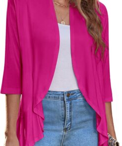 Zeagoo Cárdigan abierto para mujer, manga 3/4, drapeado, con volantes, suéter de punto suave S-3XL