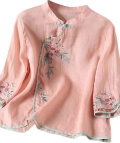 Camisas de algodón y lino de manga 3/4 para mujer, blusa tradicional con botones de rana china, cuello mandarín, blusa de verano