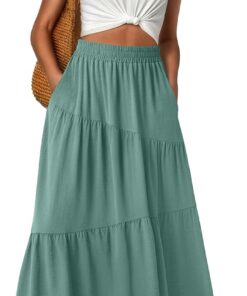 GRECERELLE Faldas largas de verano para mujer, de cintura alta, estilo bohemio, casual, elástica, elegante, acampanada, con bolsillos, para mujer