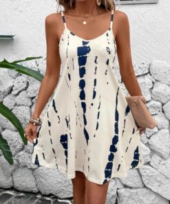 Vestido de verano para mujer, estampado de teñido anudado, sin mangas, cuello en V, tirantes ajustables, casual
