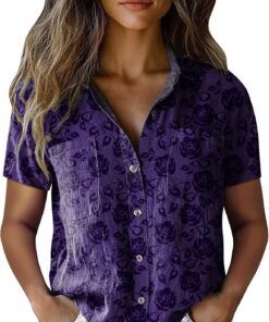 Blusas Mujer Verano Camisa Manga Corta Estampado Camiseta con Botones Cuello en V Elegantes Camisa Suelta con Cuello de Solapa y Bolsillo Casual Blusa Shirts Tunic Tops