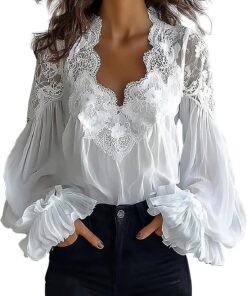 Blusa de manga larga para mujer, elegante encaje empalme, hueco, burbuja, color sólido, sexy, blusa con cuello en V, suave, cómoda, ajuste clásico, elegante, casual, para el trabajo y la oficina