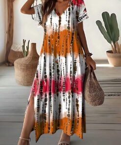 Vestido largo de verano bohemio con teñido anudado para mujer, cuello en V, manga corta, dividido, holgado, casual, vestido de vacaciones