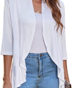 Zeagoo Cárdigan abierto para mujer, manga 3/4, drapeado, con volantes, suéter de punto suave S-3XL