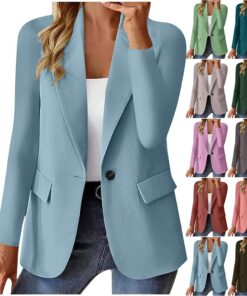 HUIFUAO - Blazer para mujer, cuello en V, talla grande, traje de trabajo, chaquetas de otoño, abrigos de manga larga, 1 botón, solapa exterior, cárdigan frontal abierto, café, 3XL