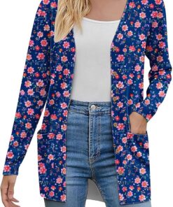 HUIFUAO - Cárdigan de punto para mujer, talla grande, con botones, frente abierto, suéter de manga larga, estampado floral, ropa de abrigo con bolsillo