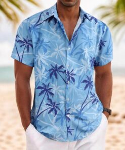 Camisa hawaiana de manga corta con estampado de palmeras tropicales para hombre, camisa casual ligera con botones