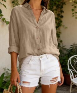 Camisa clásica plisada con solapa de un solo botonadura para mujer, blusa de trabajo de manga larga
