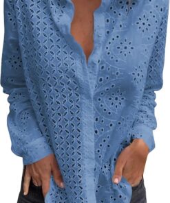Camisas bordadas de encaje hueco para mujer, cuello en V, manga larga, con botones, para mujer, a la moda, elegante, holgada, casual