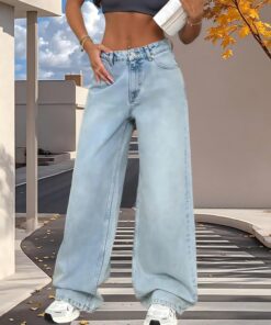 Pantalones de mezclilla de pierna ancha para mujer, cintura alta, pierna recta, pantalones vintage Y2K
