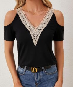 Camiseta de manga corta con cuello en V y hombros descubiertos para primavera y verano, con ribete de encaje, ropa casual para mujer
