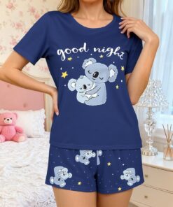 Conjunto de pijama para mujer, camiseta de manga corta y pantalones cortos con estampado de dibujos animados, cuello redondo, ropa de dormir para interiores y exteriores