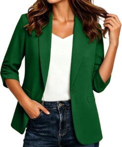 HUIFUAO - Blazers y chaquetas de traje de manga 3/4 para mujer, cuello en V, solapa de 1 botón, para trabajo, oficina, negocios, casual, elegante, para uso diario, para salir