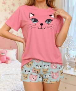 Conjunto de pijama para mujer, camiseta de manga corta y pantalones cortos, suave, holgado, cómodo, con bonito estampado