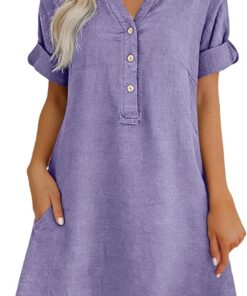 Vestido de lino para mujer, elegante, casual, cuello en V, de algodón, manga corta, maxi vestidos de verano 2026, holgado, por debajo de la rodilla, vestido de playa