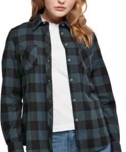 Urban Classics Camisa a Cuadros Mujer Turnup Mujer Camisa de Franela Negro/Rojo Regular