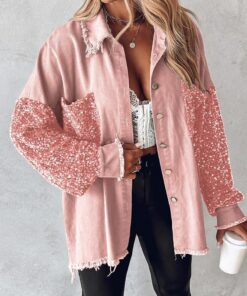 Chaqueta de mezclilla para mujer, con parche de lentejuelas, manga larga, dobladillo deshilachado, abrigo de botones de gran tamaño con bolsillos, Rosa claro, XL