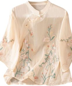 Camisas de algodón y lino de manga 3/4 para mujer, blusa tradicional con botones de rana china, cuello mandarín, blusa de verano