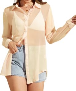 Arssm Blusa transparente para mujer, con botones, manga larga, sexi, transparente, de malla