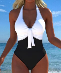 Traje de baño de una pieza para mujer, traje de baño para mujer, traje de baño con lazo frontal y cuello halter, traje de baño para playa y piscina