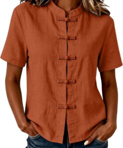 Camisas de manga corta para mujer, estilo étnico, vintage, abotonadas, con botones plegables, blusas orientales para mujer, blusas ligeras de verano, ropa tradicional china, ropa casual