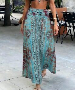 Falda larga de cintura alta con estampado tribal y teñido anudado para mujer 2026, estilo bohemio, con vuelo