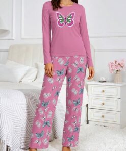 Conjunto de pijama de 2 piezas para mujer, camiseta de manga larga y pantalones, suave para el hogar o dormir, con bonito estampado de dibujos animados