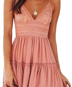 Vestidos de verano para mujer 2026 con cuello en V, tirantes delgados, lazo, espalda descubierta, sin mangas, de encaje, mini vestido de patinadora