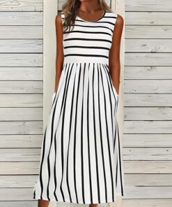 Vestido midi a rayas para mujer, sin mangas, línea A, vestido casual de verano blanco y negro con bolsillos
