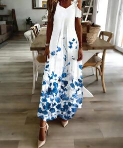 Vestido largo de verano con estampado floral y hombros descubiertos y cuello en V para mujer