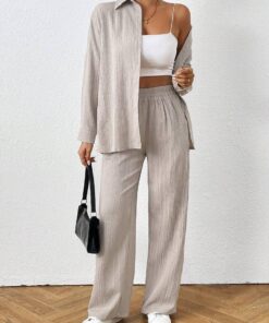 Conjunto de 2 piezas para mujer, conjunto casual de camisa de manga larga con botones y pantalones de pierna ancha, conjunto de chándal