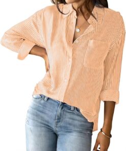 Camisa a rayas con botones para mujer, clásica, casual, de manga larga, holgada, para oficina, trabajo, con bolsillo