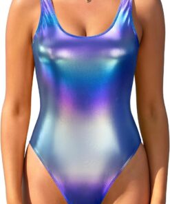 SHEKINI Traje de Baño Una Pieza para Mujer Cuello Baja Brillante Correas Deportivo Bañador Espalda U Slim Ropa de Playa