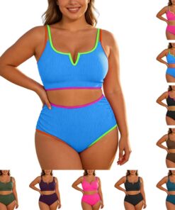 Bikini de dos piezas para mujer de talla grande, cintura alta con control de abdomen, acanalado con alambre en V, tirantes ajustables, traje de baño 2026 para mujeres con curvas, ideal para playa y