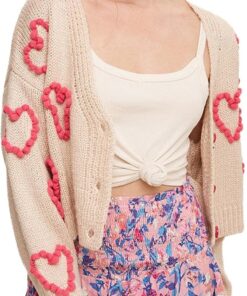 Sexy Outfit Cárdigans de Punto para el día de San Valentín para Mujer, Lindo Estampado de corazón, Manga Larga con Botones, suéteres cálidos, Ropa estética