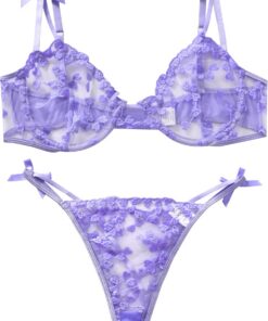 Conjunto de lencería de encaje negro para mujer, brasier sexy y bragas con detalles de lazo, diseño floral transparente