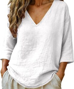 Blusas de lino para mujer, tallas grandes, camisas de gasa de verano, manga 3/4, cuello en V, blusas elegantes, informales, ropa holgada