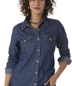 Wrangler Retro Long Sleeve Western Denim Snap Shirt Camisa Mujer (Pack de 1)