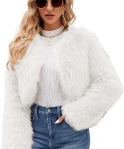 Chaqueta blanca mullida Moda cálida Pieles sintéticas recortadas Abrigo mullido blanco Manga larga Abrigos peludos con frente abierto para mujer, M #1