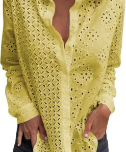 Camisas bordadas de encaje hueco para mujer, cuello en V, manga larga, con botones, para mujer, a la moda, elegante, holgada, casual