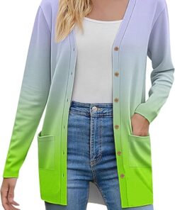 HUIFUAO - Cárdigan de punto de gran tamaño para mujer, con botones y frente abierto, suéter de manga larga degradado, ropa exterior con bolsillo, verde menta, 3XL
