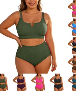 Bikini de dos piezas para mujer de talla grande, cintura alta con control de abdomen, acanalado con alambre en V, tirantes ajustables, traje de baño 2026 para mujeres con curvas, ideal para playa y