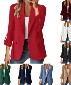 HUIFUAO - Blazers para mujer, chaquetas de traje, informales, de negocios, con frente abierto, cárdigan ajustable, manga larga, 1 botón, ropa de abrigo, rosso, XL