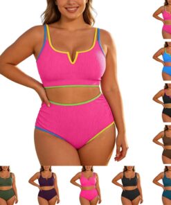 Bikini de dos piezas para mujer de talla grande, cintura alta con control de abdomen, acanalado con alambre en V, tirantes ajustables, traje de baño 2026 para mujeres con curvas, ideal para playa y