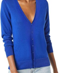 HUIFUAO - Cárdigan de punto de gran tamaño con cuello en V para mujer, suéteres elegantes con botones, cárdigans básicos suaves de manga larga para otoño, azul, 3XL
