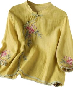 Camisas de algodón y lino de manga 3/4 para mujer, blusa tradicional con botones de rana china, cuello mandarín, blusa de verano